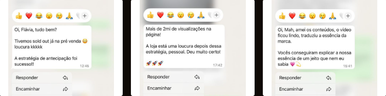 Prints de feedbacks reais de marcas atendidas pela Senda no WhatsApp